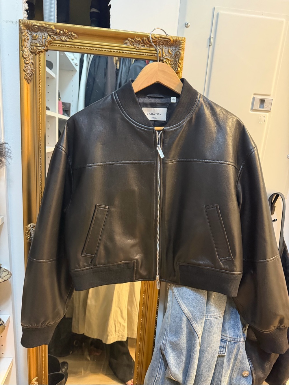 Babaton synergy unreal leather bomber aritiza